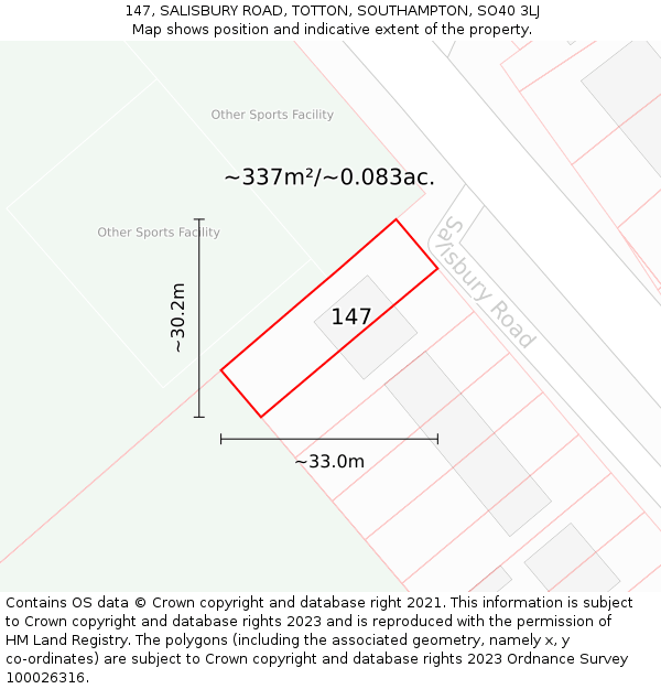 147, SALISBURY ROAD, TOTTON, SOUTHAMPTON, SO40 3LJ: Plot and title map