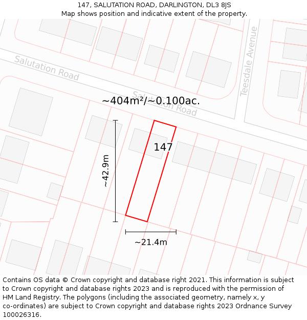 147, SALUTATION ROAD, DARLINGTON, DL3 8JS: Plot and title map