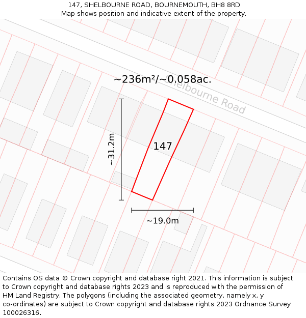 147, SHELBOURNE ROAD, BOURNEMOUTH, BH8 8RD: Plot and title map