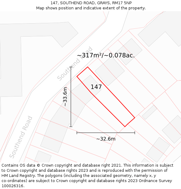 147, SOUTHEND ROAD, GRAYS, RM17 5NP: Plot and title map