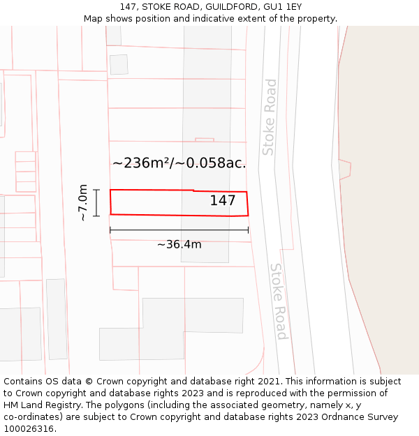 147, STOKE ROAD, GUILDFORD, GU1 1EY: Plot and title map