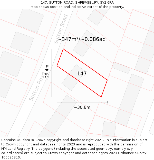 147, SUTTON ROAD, SHREWSBURY, SY2 6RA: Plot and title map