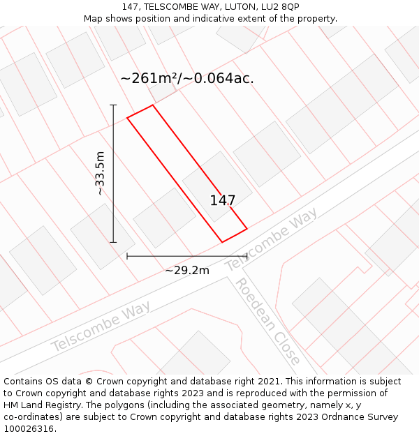 147, TELSCOMBE WAY, LUTON, LU2 8QP: Plot and title map