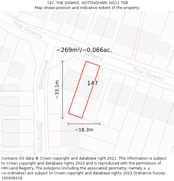 147, THE DOWNS, NOTTINGHAM, NG11 7EB: Plot and title map