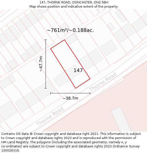 147, THORNE ROAD, DONCASTER, DN2 5BH: Plot and title map