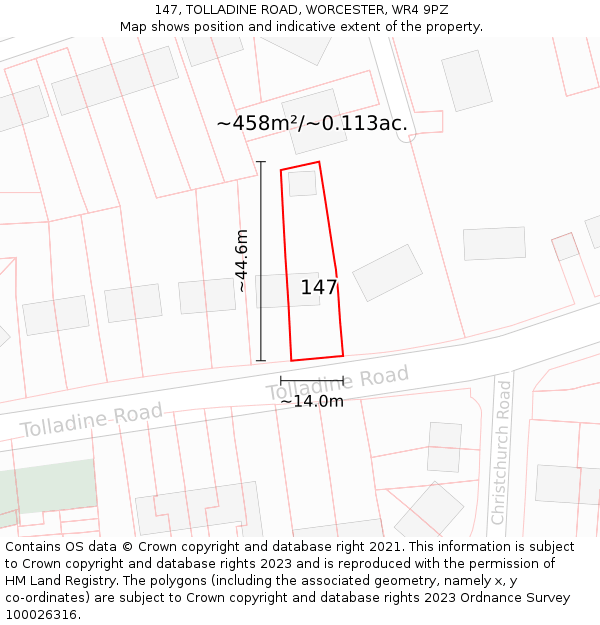 147, TOLLADINE ROAD, WORCESTER, WR4 9PZ: Plot and title map