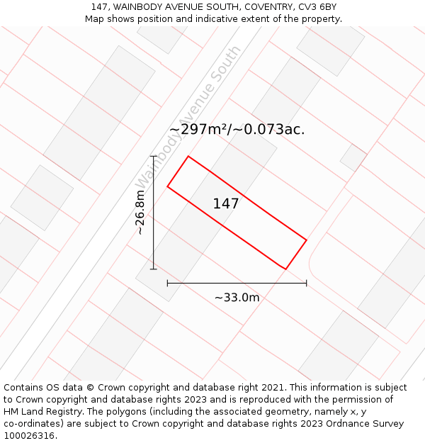 147, WAINBODY AVENUE SOUTH, COVENTRY, CV3 6BY: Plot and title map