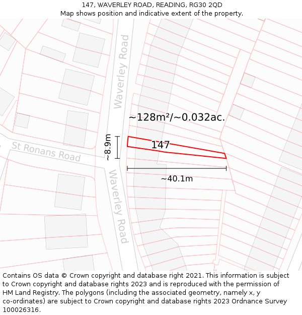 147, WAVERLEY ROAD, READING, RG30 2QD: Plot and title map
