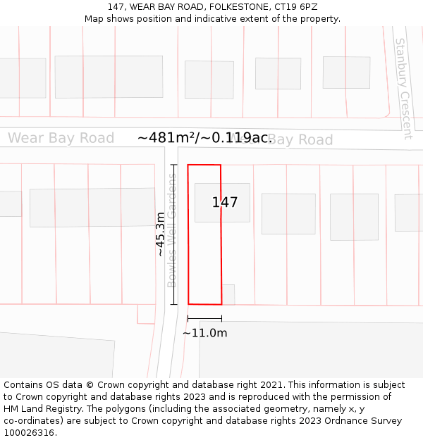 147, WEAR BAY ROAD, FOLKESTONE, CT19 6PZ: Plot and title map