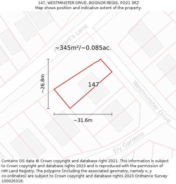 147, WESTMINSTER DRIVE, BOGNOR REGIS, PO21 3RZ: Plot and title map