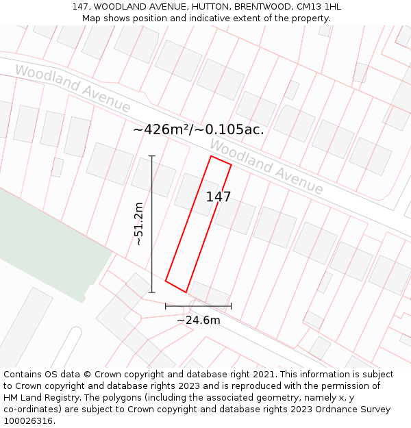 147, WOODLAND AVENUE, HUTTON, BRENTWOOD, CM13 1HL: Plot and title map