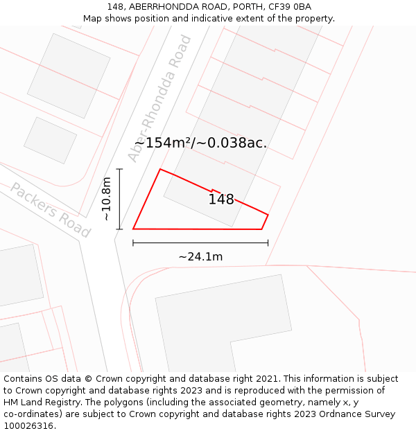 148, ABERRHONDDA ROAD, PORTH, CF39 0BA: Plot and title map