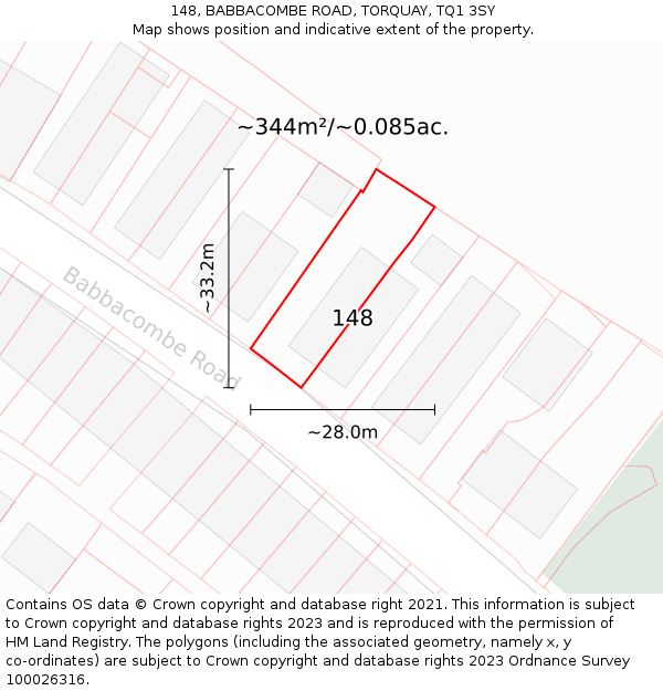 148, BABBACOMBE ROAD, TORQUAY, TQ1 3SY: Plot and title map