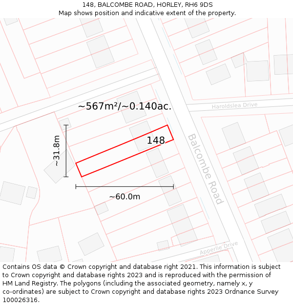 148, BALCOMBE ROAD, HORLEY, RH6 9DS: Plot and title map