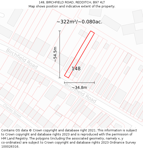 148, BIRCHFIELD ROAD, REDDITCH, B97 4LT: Plot and title map