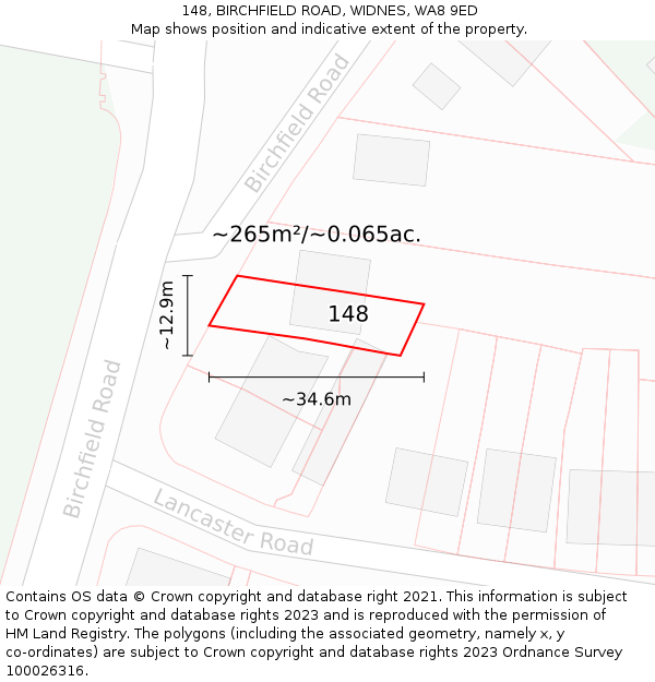 148, BIRCHFIELD ROAD, WIDNES, WA8 9ED: Plot and title map