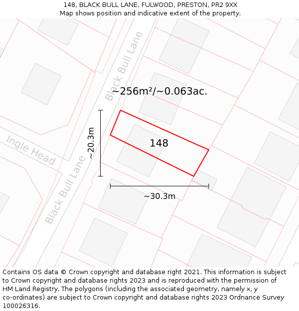 148, BLACK BULL LANE, FULWOOD, PRESTON, PR2 9XX: Plot and title map