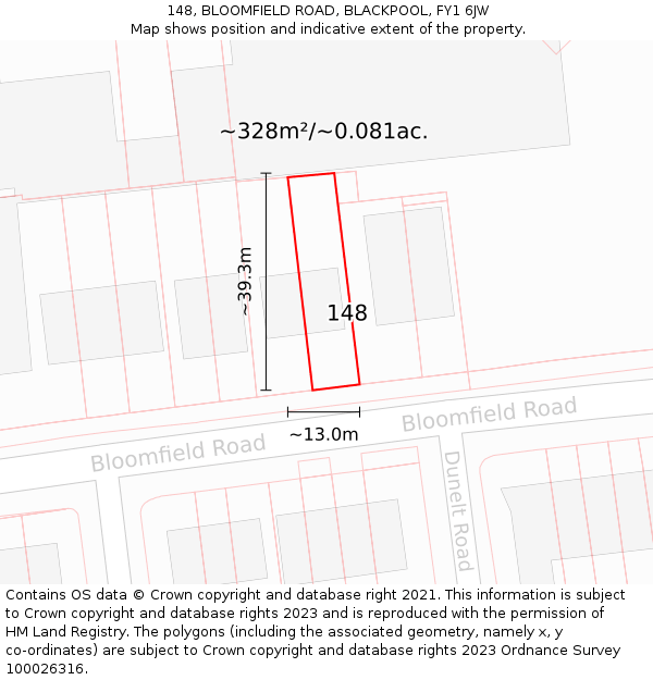 148, BLOOMFIELD ROAD, BLACKPOOL, FY1 6JW: Plot and title map