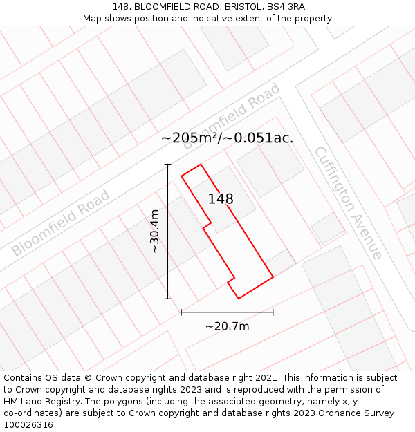 148, BLOOMFIELD ROAD, BRISTOL, BS4 3RA: Plot and title map