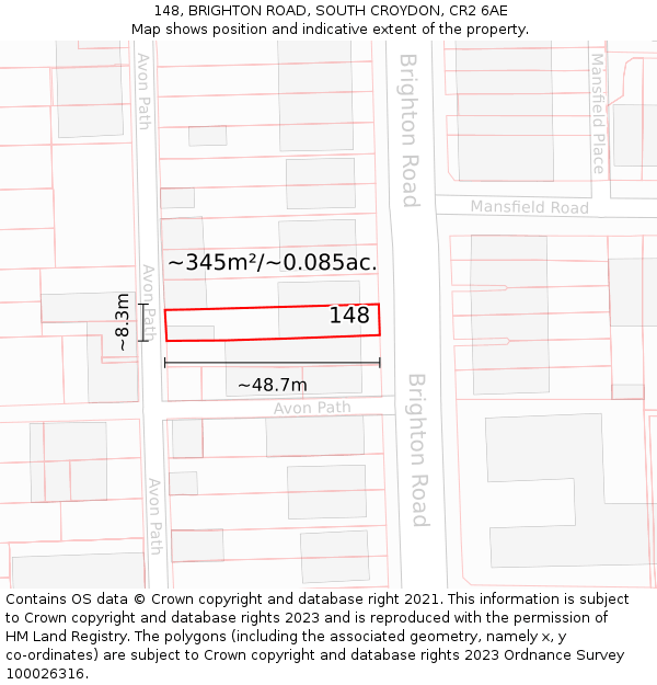 148, BRIGHTON ROAD, SOUTH CROYDON, CR2 6AE: Plot and title map