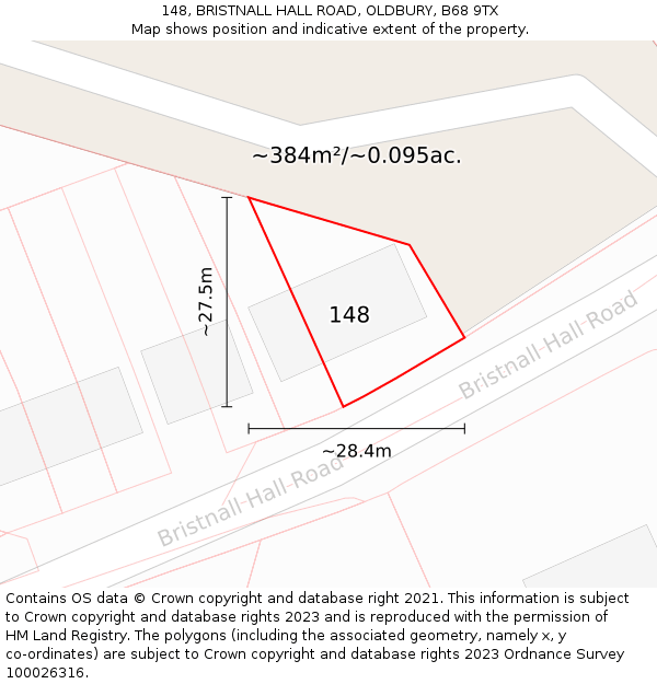 148, BRISTNALL HALL ROAD, OLDBURY, B68 9TX: Plot and title map