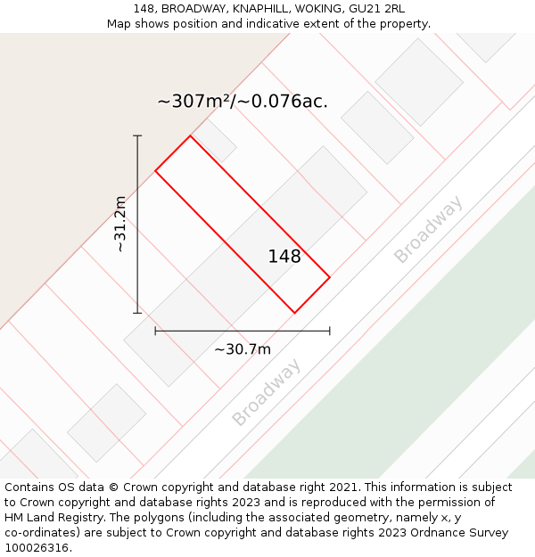 148, BROADWAY, KNAPHILL, WOKING, GU21 2RL: Plot and title map