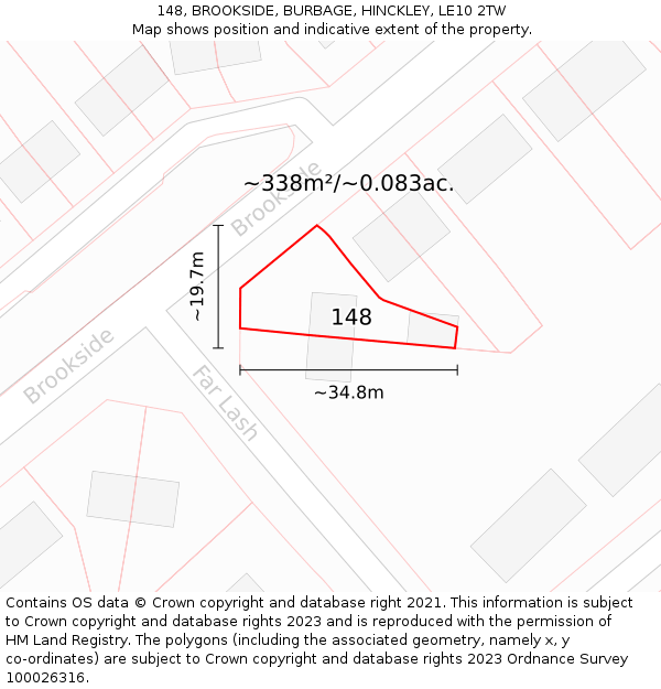 148, BROOKSIDE, BURBAGE, HINCKLEY, LE10 2TW: Plot and title map