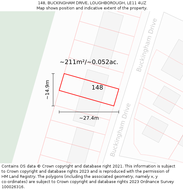 148, BUCKINGHAM DRIVE, LOUGHBOROUGH, LE11 4UZ: Plot and title map