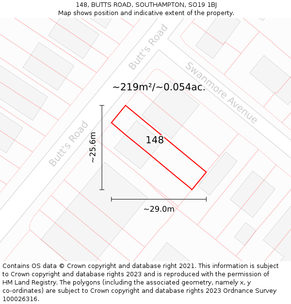 148, BUTTS ROAD, SOUTHAMPTON, SO19 1BJ: Plot and title map