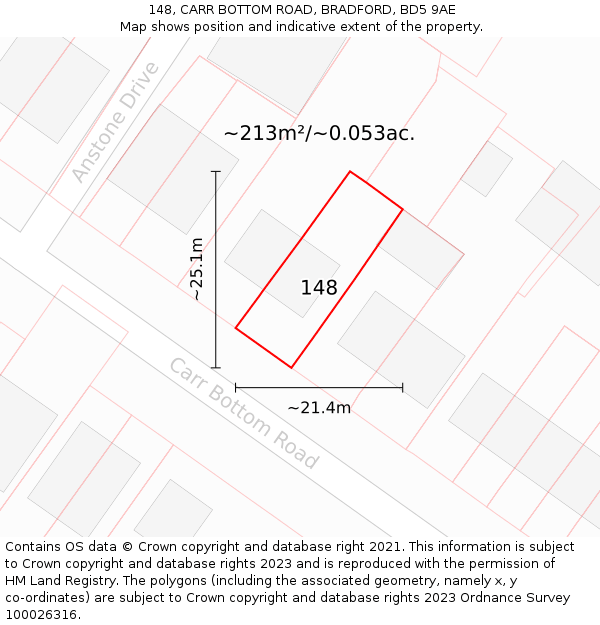 148, CARR BOTTOM ROAD, BRADFORD, BD5 9AE: Plot and title map