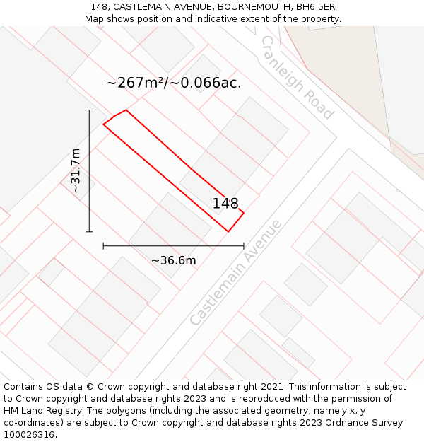 148, CASTLEMAIN AVENUE, BOURNEMOUTH, BH6 5ER: Plot and title map