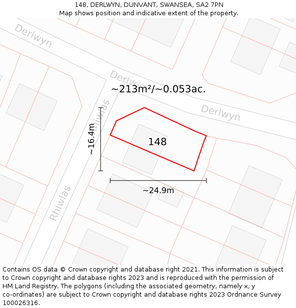 148, DERLWYN, DUNVANT, SWANSEA, SA2 7PN: Plot and title map