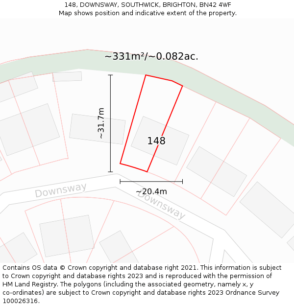 148, DOWNSWAY, SOUTHWICK, BRIGHTON, BN42 4WF: Plot and title map