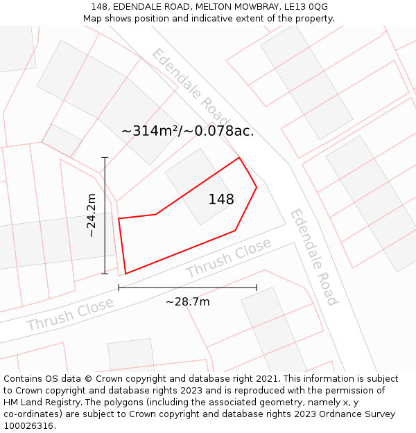 148, EDENDALE ROAD, MELTON MOWBRAY, LE13 0QG: Plot and title map