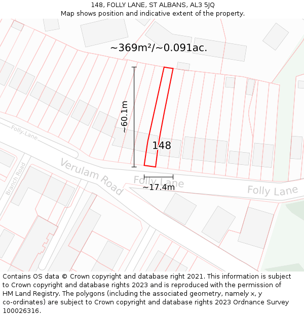 148, FOLLY LANE, ST ALBANS, AL3 5JQ: Plot and title map