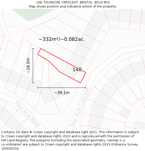 148, FOURACRE CRESCENT, BRISTOL, BS16 6PZ: Plot and title map