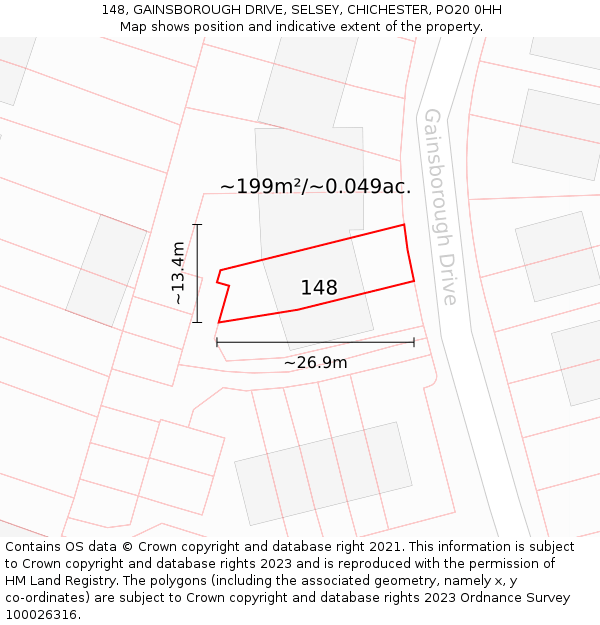 148, GAINSBOROUGH DRIVE, SELSEY, CHICHESTER, PO20 0HH: Plot and title map