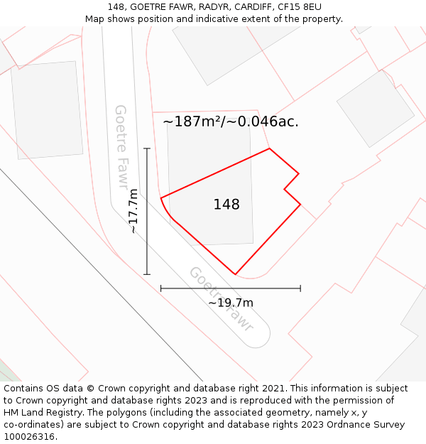 148, GOETRE FAWR, RADYR, CARDIFF, CF15 8EU: Plot and title map