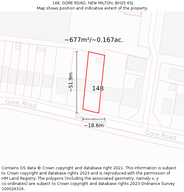 148, GORE ROAD, NEW MILTON, BH25 6SJ: Plot and title map