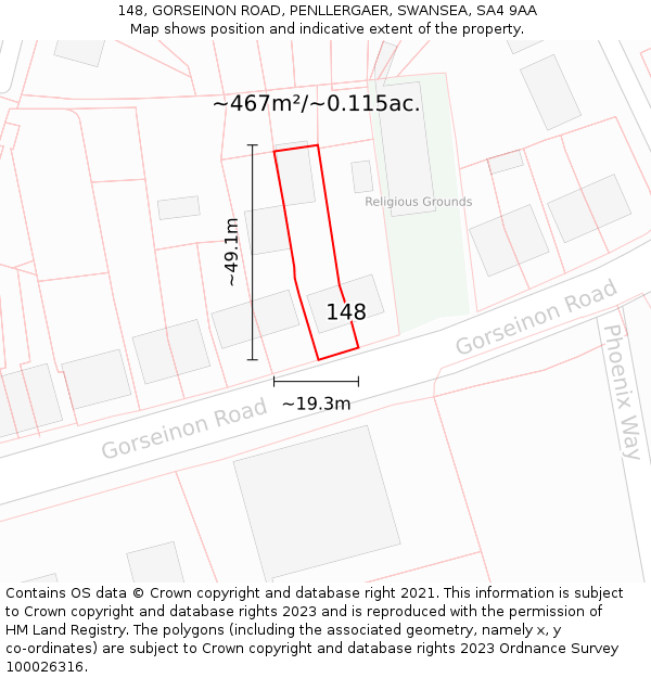 148, GORSEINON ROAD, PENLLERGAER, SWANSEA, SA4 9AA: Plot and title map