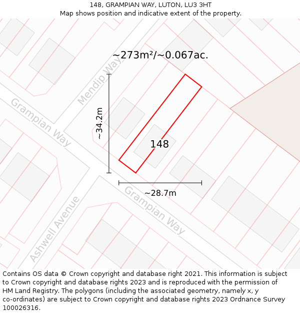 148, GRAMPIAN WAY, LUTON, LU3 3HT: Plot and title map