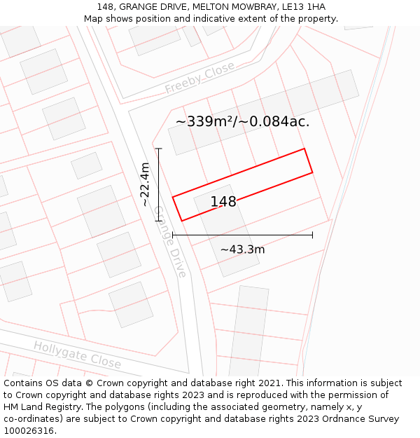 148, GRANGE DRIVE, MELTON MOWBRAY, LE13 1HA: Plot and title map