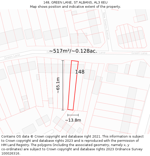 148, GREEN LANE, ST ALBANS, AL3 6EU: Plot and title map