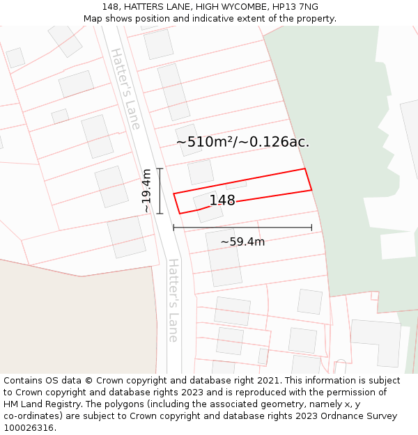 148, HATTERS LANE, HIGH WYCOMBE, HP13 7NG: Plot and title map