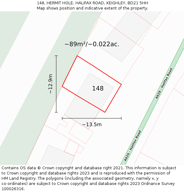 148, HERMIT HOLE, HALIFAX ROAD, KEIGHLEY, BD21 5HH: Plot and title map
