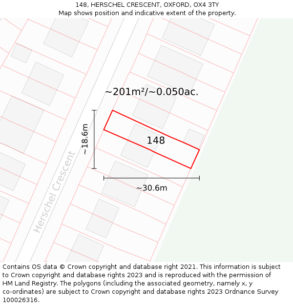 148, HERSCHEL CRESCENT, OXFORD, OX4 3TY: Plot and title map