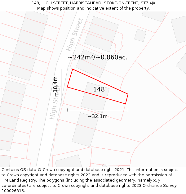 148, HIGH STREET, HARRISEAHEAD, STOKE-ON-TRENT, ST7 4JX: Plot and title map