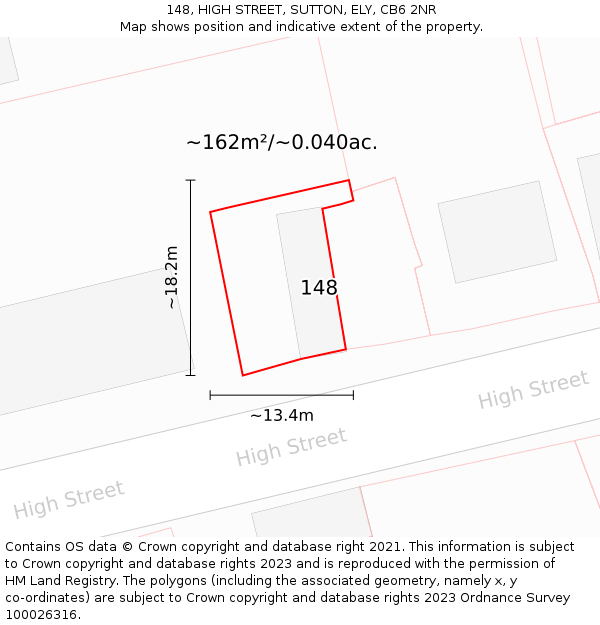 148, HIGH STREET, SUTTON, ELY, CB6 2NR: Plot and title map