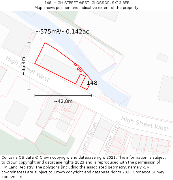 148, HIGH STREET WEST, GLOSSOP, SK13 8ER: Plot and title map