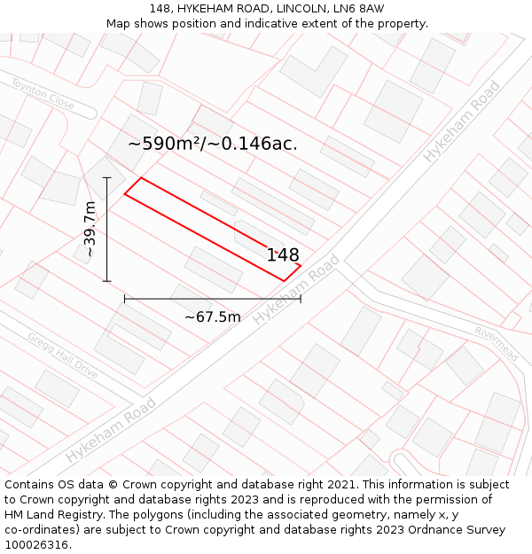 148, HYKEHAM ROAD, LINCOLN, LN6 8AW: Plot and title map